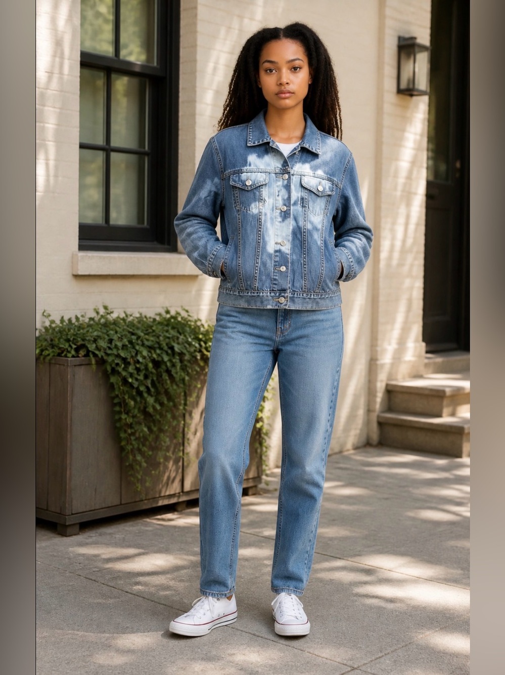 Lands'End Women's 16W - 18W Bleached Jean Jacket Cotton Grunge Bohemian Artsy